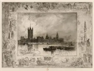 Westminster Palace, by Félix-Hilaire Buhot, ink, 1884