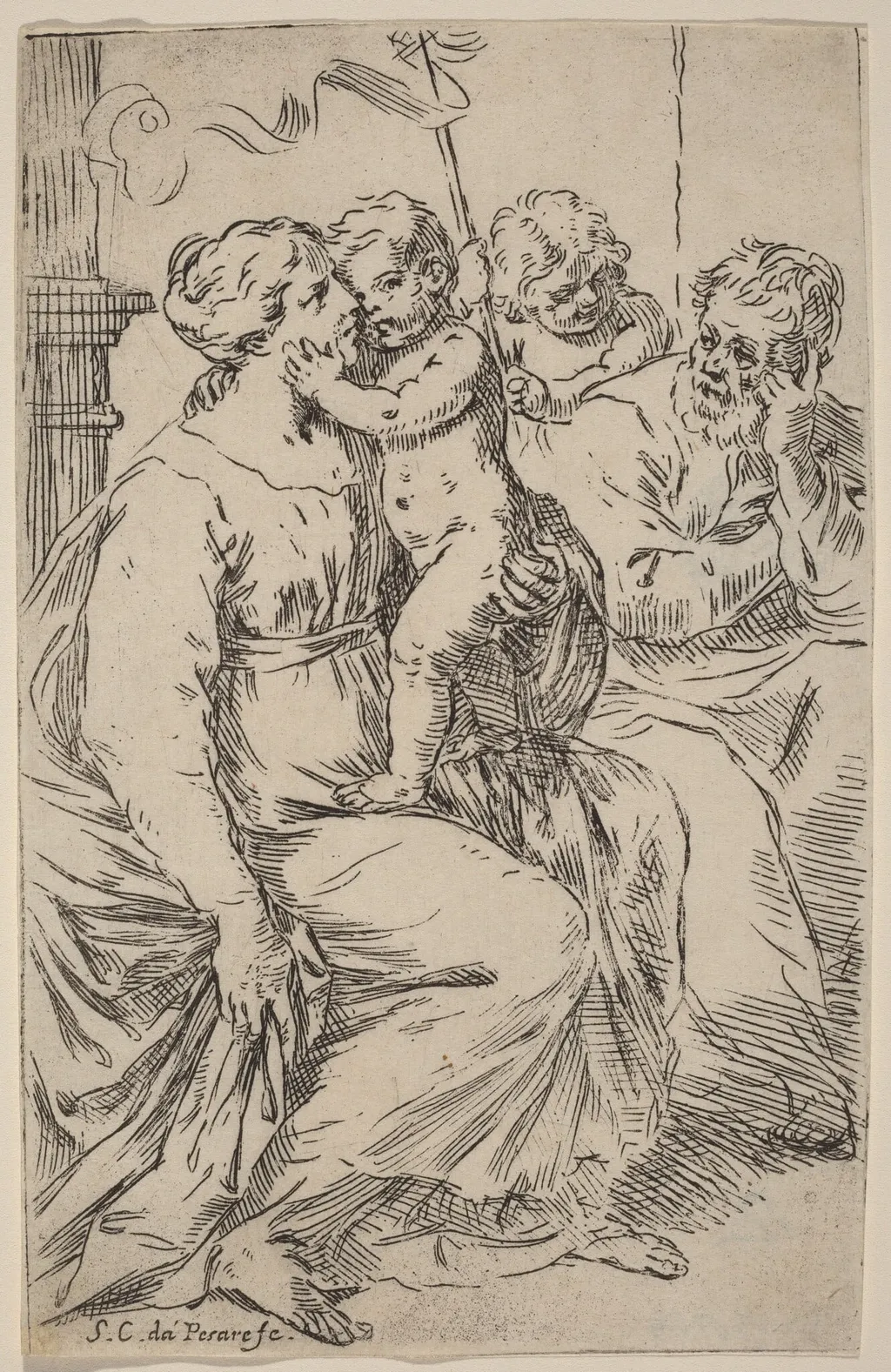 The Holy Family, by Simone Cantarini, ink, 1630