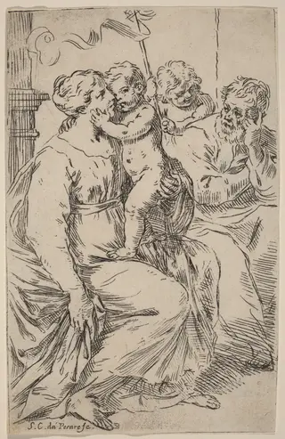 The Holy Family, by Simone Cantarini, ink, 1630