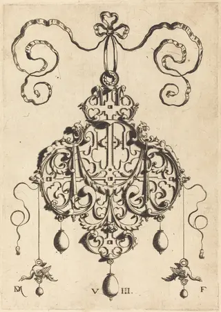 Strapwork Pendant with Two Eagles as Earringsat Left and Right, by Daniel Mignot, ink, 1584