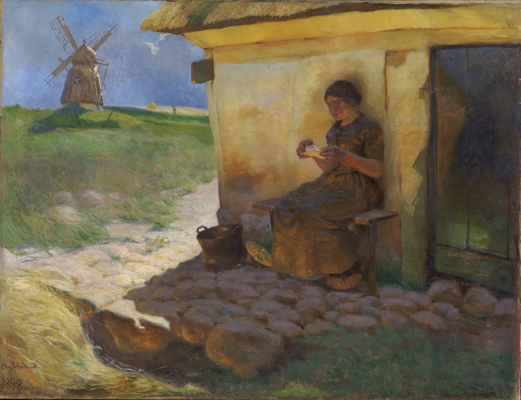 Pige, der læser et brev, by Christjern Schobius, oil, 1900