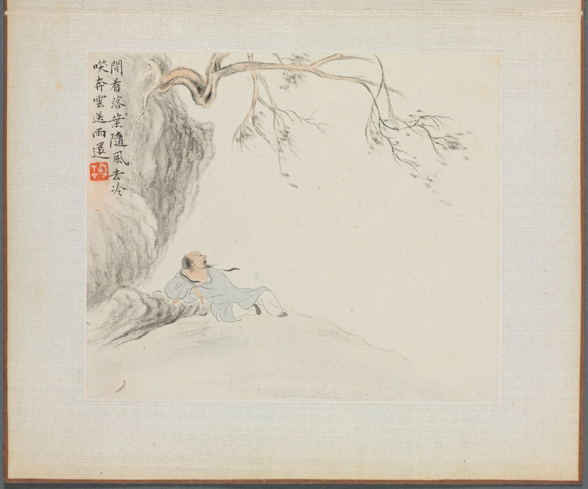 Album of Landscape Paintings Illustrating Old Poems: A Man Reclining and Enjoying the View, detail