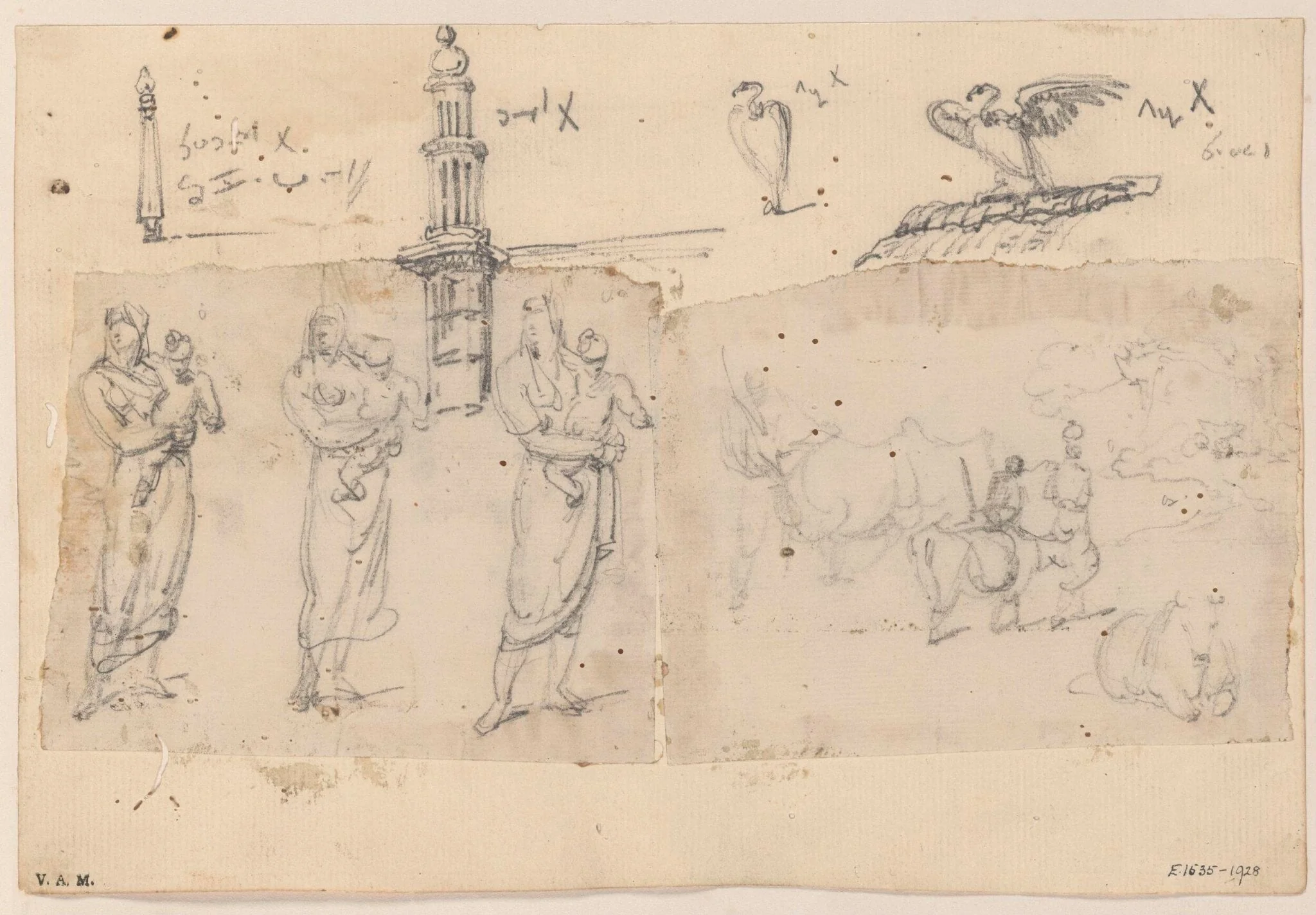 Indian figures, cattle, vultures and minarets, detail
