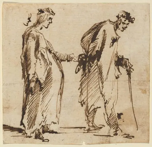 A Pregnant Young Woman and a Young Man with a Staff, by Giovanni Battista Piranesi, ink, 1754