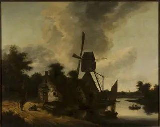 Landscape with a windmill, by Salomon Rombouts, oil, 1688