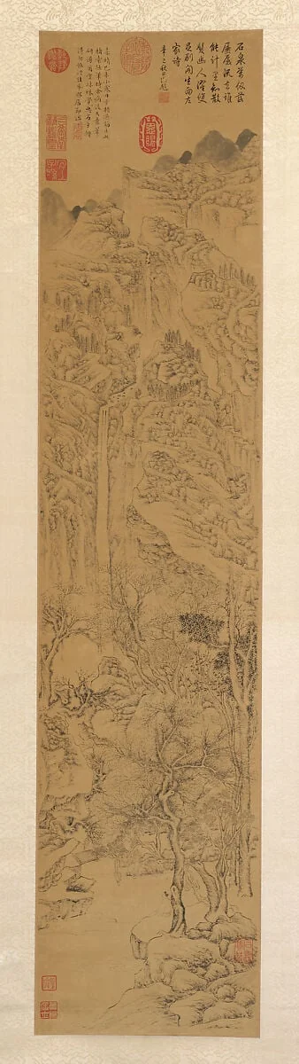 明 居節 石泉圖 軸|Recluse gazing at a waterfall, detail