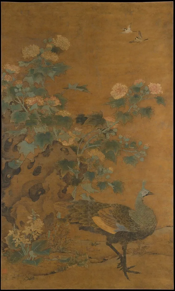 元 邊魯 孔雀芙蓉圖 軸|Peahen and hibiscus, by Bian Lu, ink, 1350