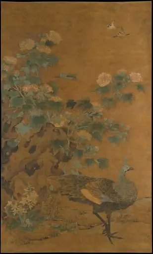 元 邊魯 孔雀芙蓉圖 軸|Peahen and hibiscus, by Bian Lu