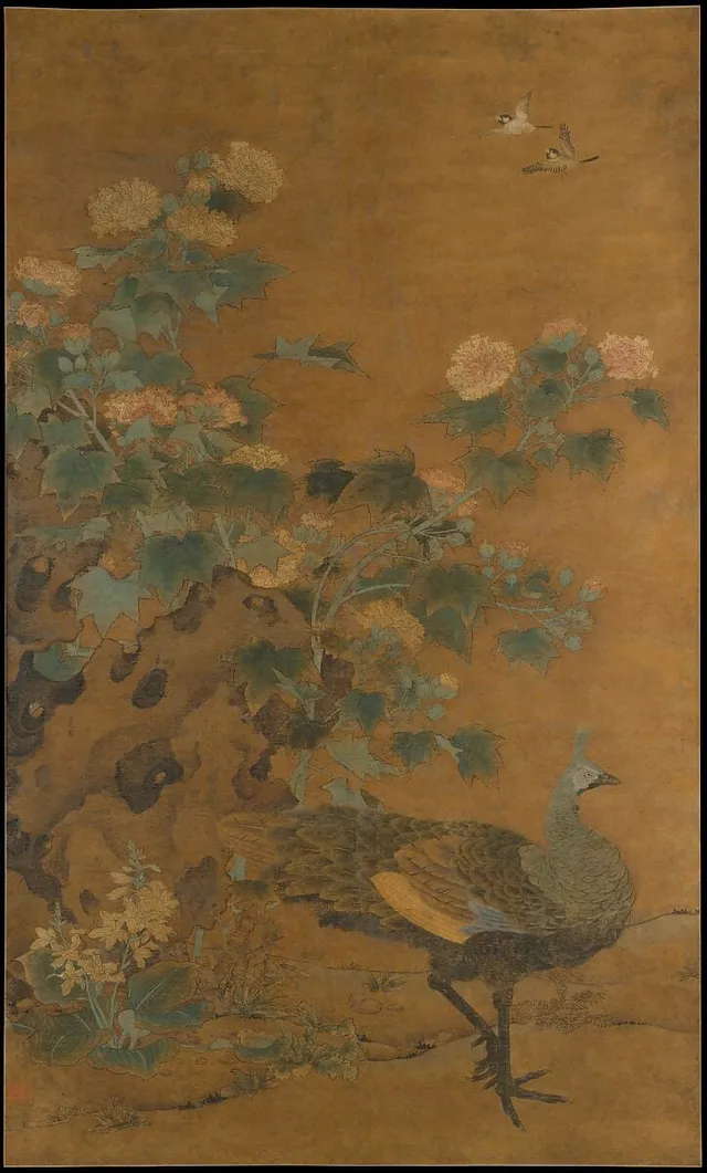 元   邊魯   孔雀芙蓉圖   軸|Peahen and hibiscus