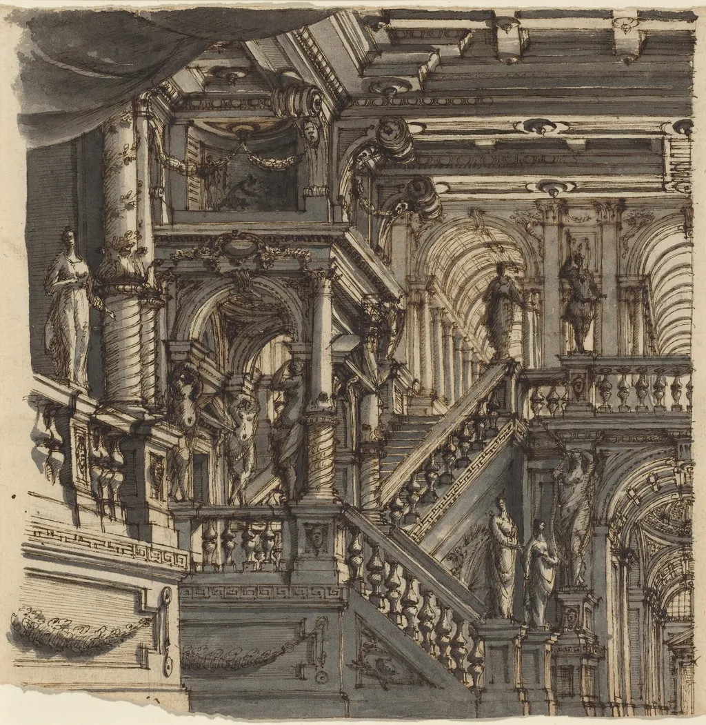 An Elaborate Staircase in a Palace, by Bibiena, ink, 1740