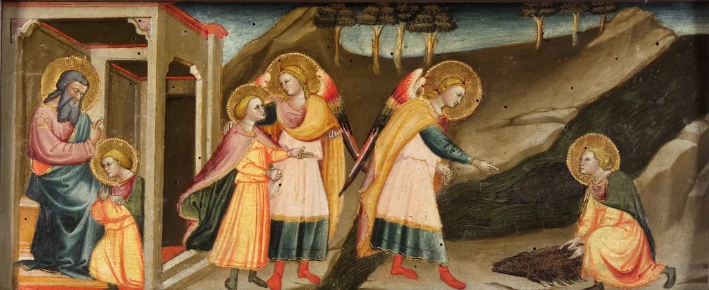 Scenes from Tobias (Tobias takes farewell from his father; Wanderings of Tobias and Archangel Raphael; Tobias taking the fish's heart, lever and gall), by Bicci di Lorenzo, unspecified, 1422