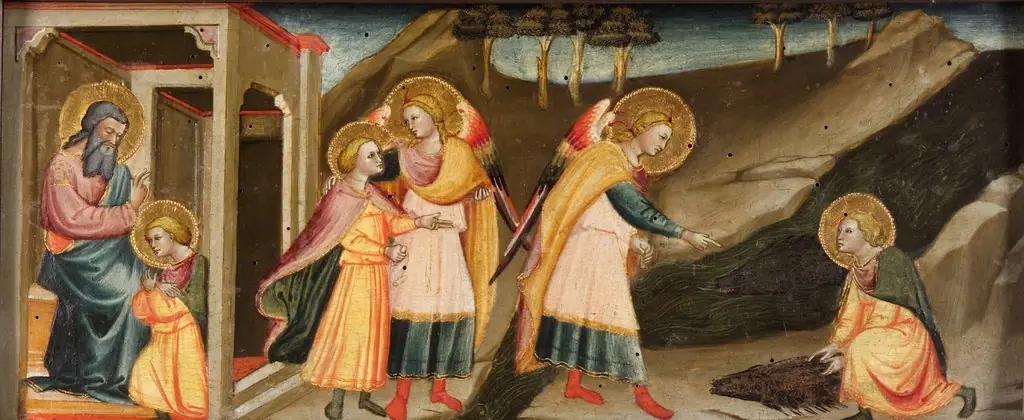 Scenes from Tobias (Tobias takes farewell from his father; Wanderings of Tobias and Archangel Raphael; Tobias taking the fish's heart, lever and gall), by Bicci di Lorenzo