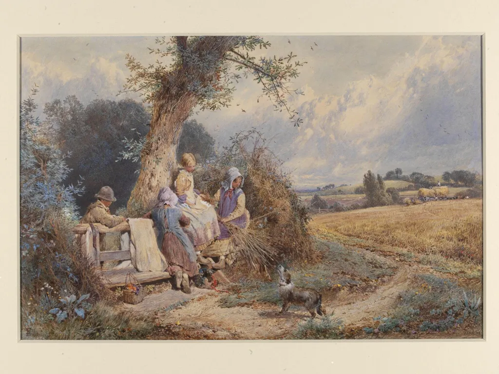 Young Gleaners Resting by a Stile, by Birket Foster, watercolor, 1872