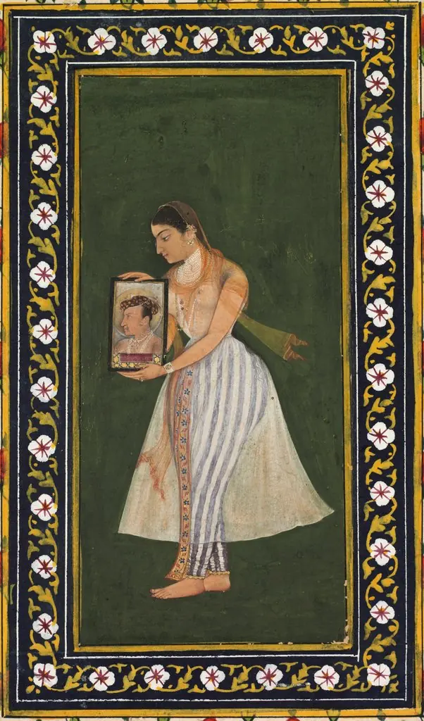Nur Jahan holding a portrait of Emperor Jahangir, by Bishandas