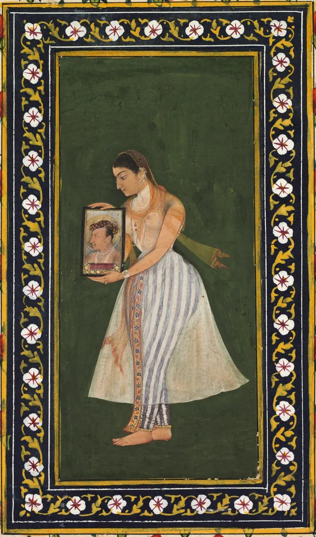 Nur Jahan holding a portrait of Emperor Jahangir