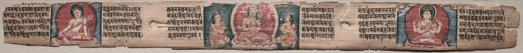 Bodhisattva Manjushri with two forms of Avalokiteshvara, folio 348 (recto) from a Gandavyuha-sutra (Scripture of the Supreme Array), unspecified, 1100