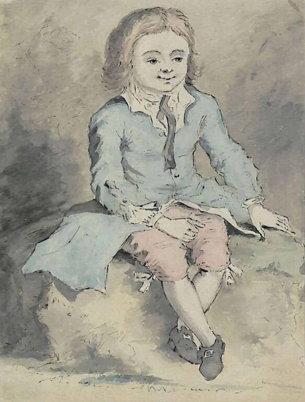 A young boy seated on a rock, by Boitard, watercolor