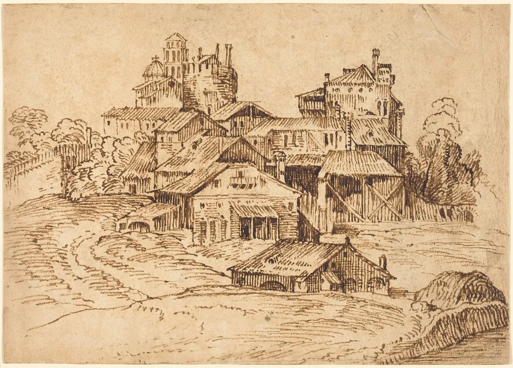 View of an Italian Town (after Titian or Domenico Campagnola), by Bolognese 17th Century, ink, 1520