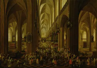 Interior of the Cathedral of Our Lady of Antwerp (Archduke Leopold Wilhelm received by the clergy), by Bonaventura Peeters the Elder
