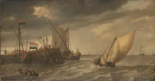 Travellers Disembarking at a Jetty on the Scheldt in Strong Winds, by Bonaventura Peeters the Elder