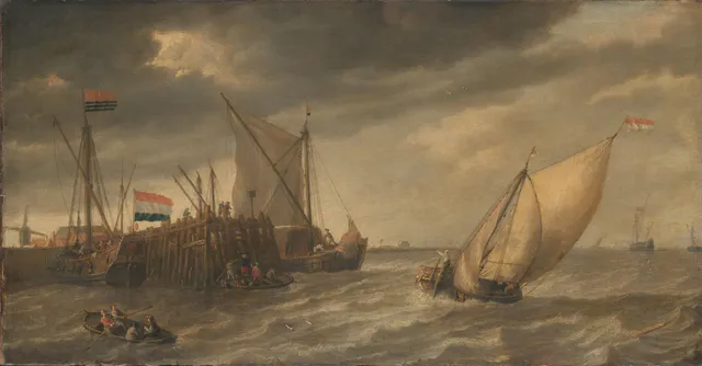 Travellers Disembarking at a Jetty on the Scheldt in Strong Winds