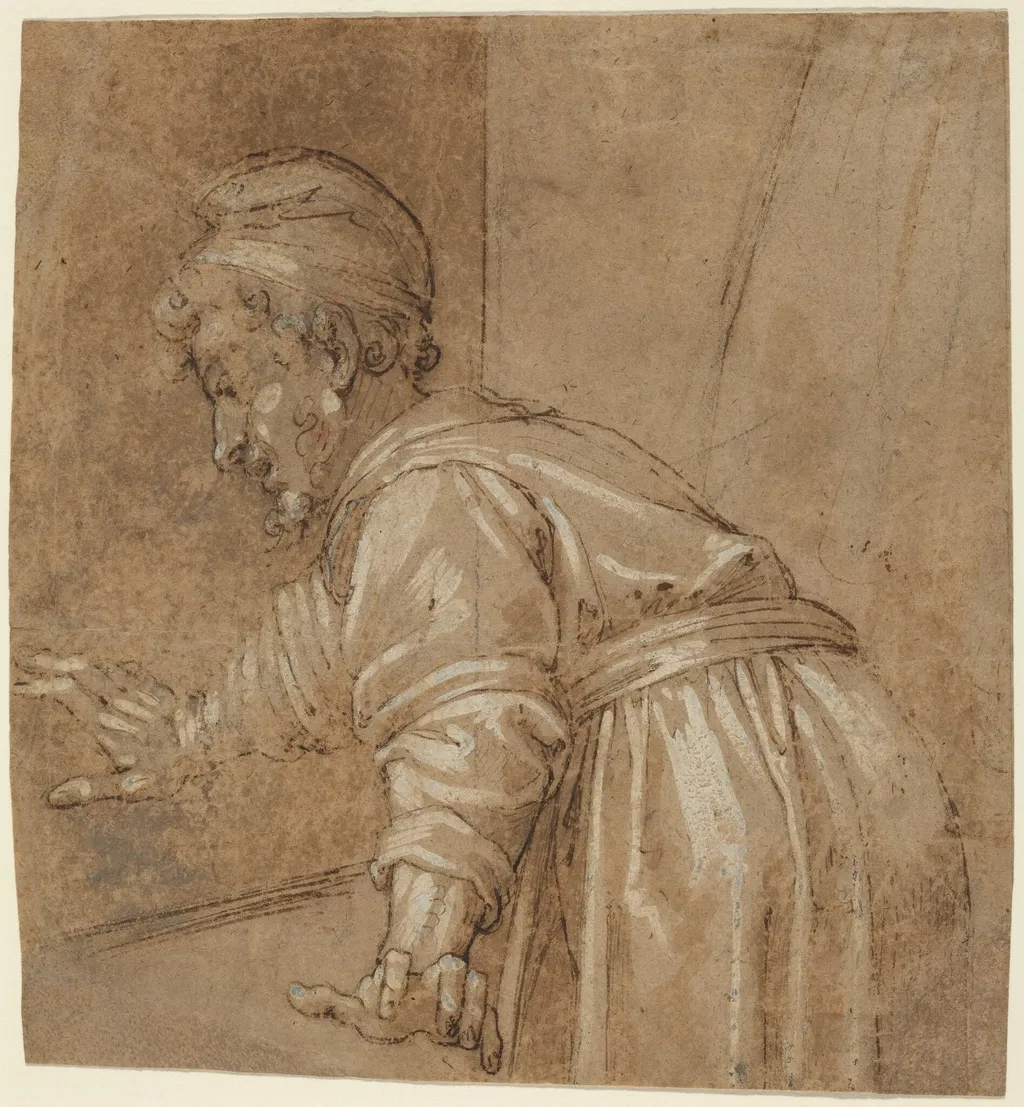 A Man Looking Out a Window, by Bonifacio de' Pitati, chalk, 1520