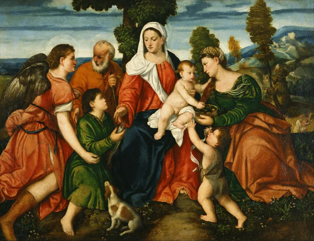The Holy Family with Tobias and the Angel, Saint Dorothy, Giovannino, and the Miracle of the Corn beyond, by Bonifazio Veronese, oil, 1500