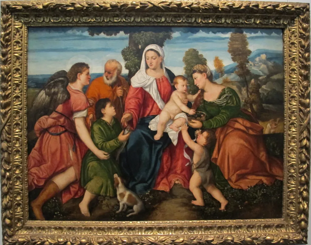 The Holy Family with Tobias and the Angel, Sts. Dorothy, and Infant John the Baptist, by Bonifazio Veronese, oil, 1550