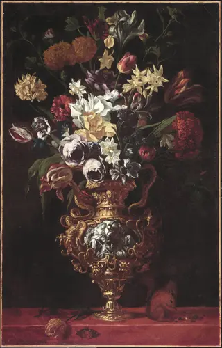 Bouquet of Flowers in a Figured Gold and Silver Vase