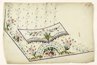 Bouquet suspendu surmonté d'un motif floral rayonnant, bouquets de fleurs et grappes, rayures fleuries, projets de broderies de gilet, XVIIIème siècle