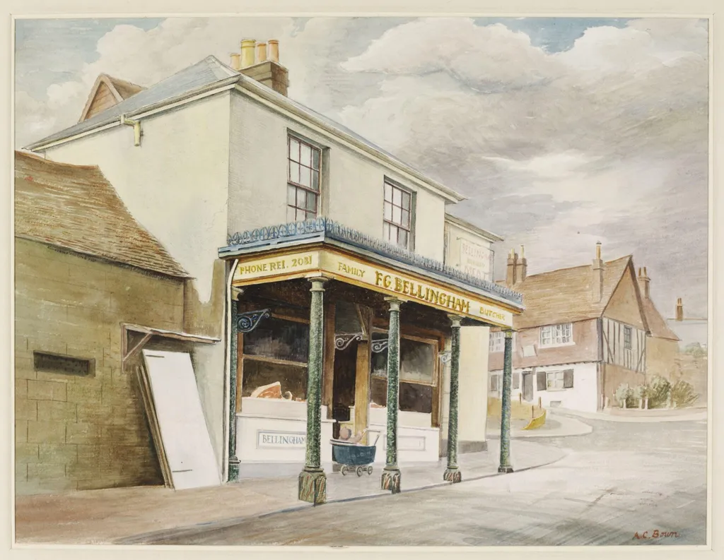 Butcher's Shop, Reigate, by Bown, watercolor, 1940