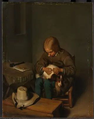 Boy Fleaing a Dog
