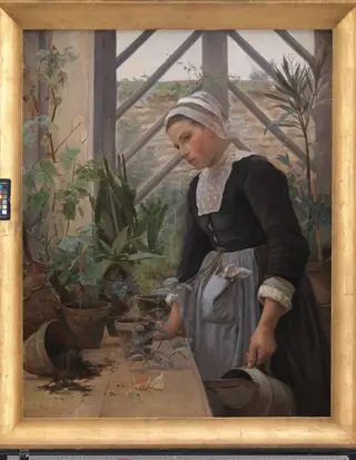 Breton Girl Looking After Plants in the Hothouse