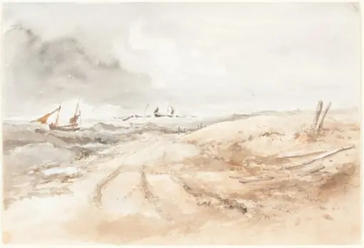 Shore Scene with Boats in Choppy Water, by British 19th Century