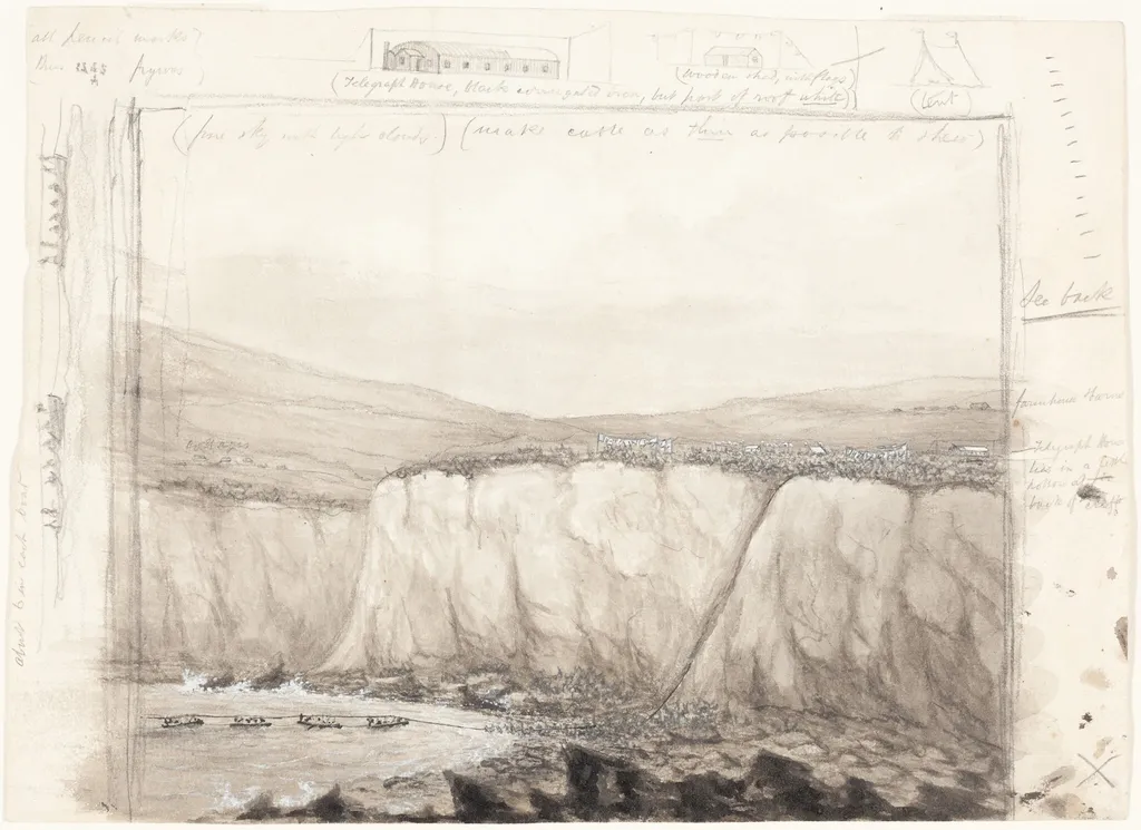 The Laying of the Atlantic Cable at Foilhommerum Bay, Ireland, by British 19th Century, ink, 1865