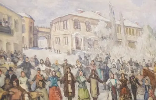 Compoziție reprezentând „Hora Unirii” din Iași. Dansul este reprezentat de oameni din diferite categorii sociale reprezentați multicolor Ei sunt prinși în două lanțuri umane concentrice, cel din mijloc format din femei. În fundal, în stânga, se vede hanul lui Petre Bacalu având în balcon pe Al. I. Cuza și pe Elena Cuza, iar în dreapta Academia Mihaileană. Nu este semnat., by C. Agafiței