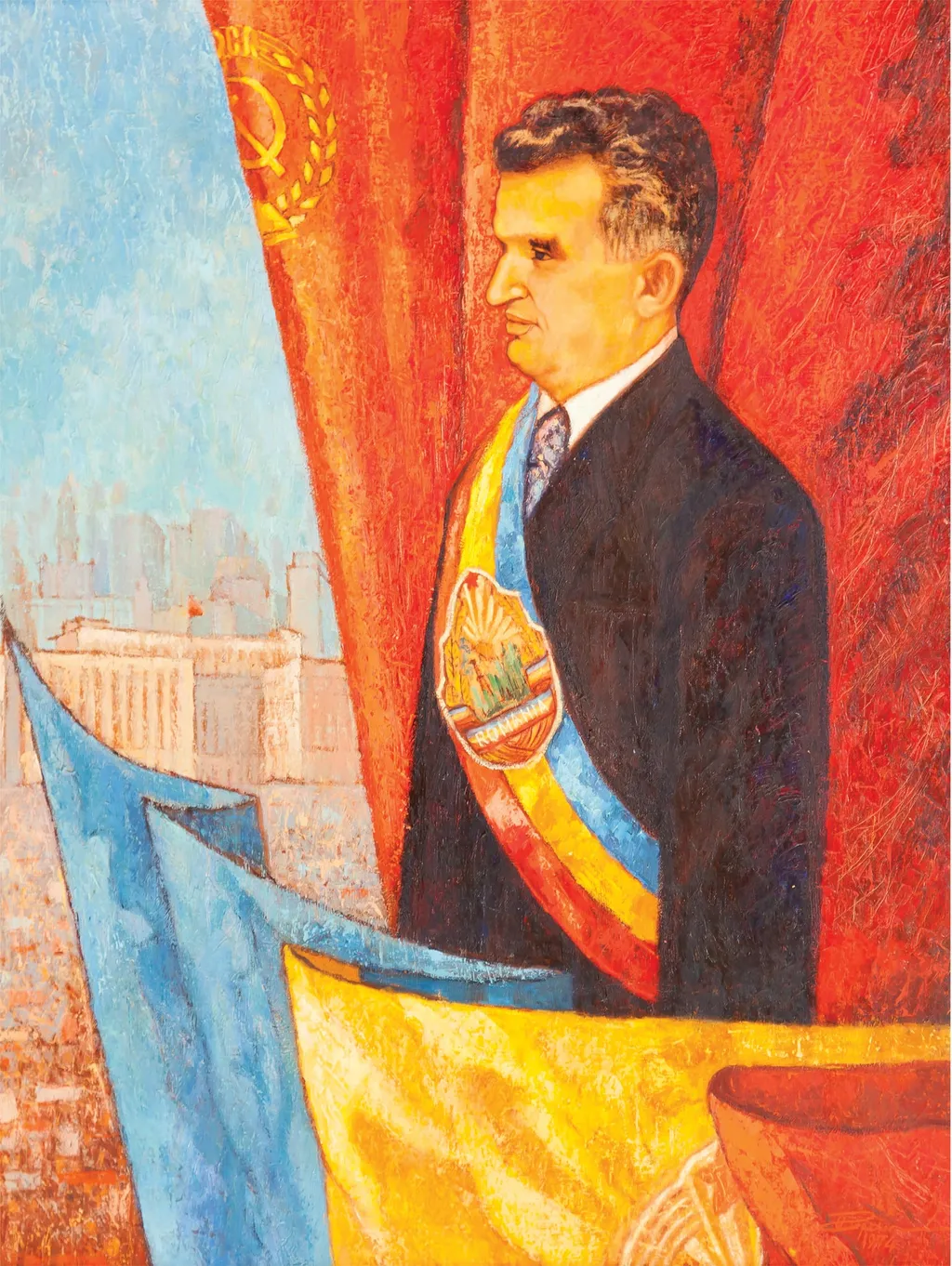 Tablou, ulei pe pânză, „Nicolae Ceaușescu, întâiul președinte al României”, semnat C.Aurel și datat 1974 în partea dreaptă jos. Nicolae Ceaușescu purtând banderolă tricoloră cu stema R.S.R., stând la balcon primind ovații din partea oamenilor muncii adunați într-o piață. În spatele său, steagul cu sigla PCR. Tablou oferit de către autor originar din Câmpina (Prahova), 19 august 1974., by C.Aurel