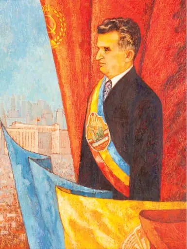 Tablou, ulei pe pânză, „Nicolae Ceaușescu, întâiul președinte al României”, semnat C.Aurel și datat 1974 în partea dreaptă jos. Nicolae Ceaușescu purtând banderolă tricoloră cu stema R.S.R., stând la balcon primind ovații din partea oamenilor muncii adunați într-o piață. În spatele său, steagul cu sigla PCR. Tablou oferit de către autor originar din Câmpina (Prahova), 19 august 1974., by C.Aurel