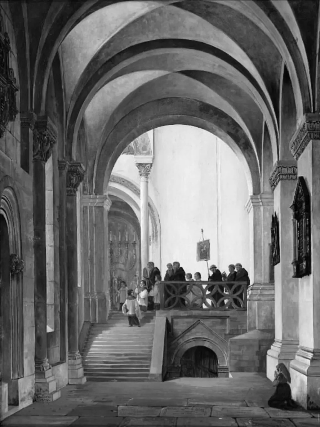 Det søndre sideskib i domkirken i Lund, set mod koret, by C.O. Zeuthen, oil, 1846