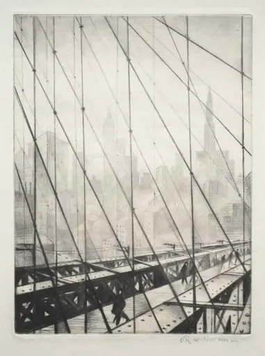 Looking through Brooklyn Bridge, by C. R. W. Nevinson