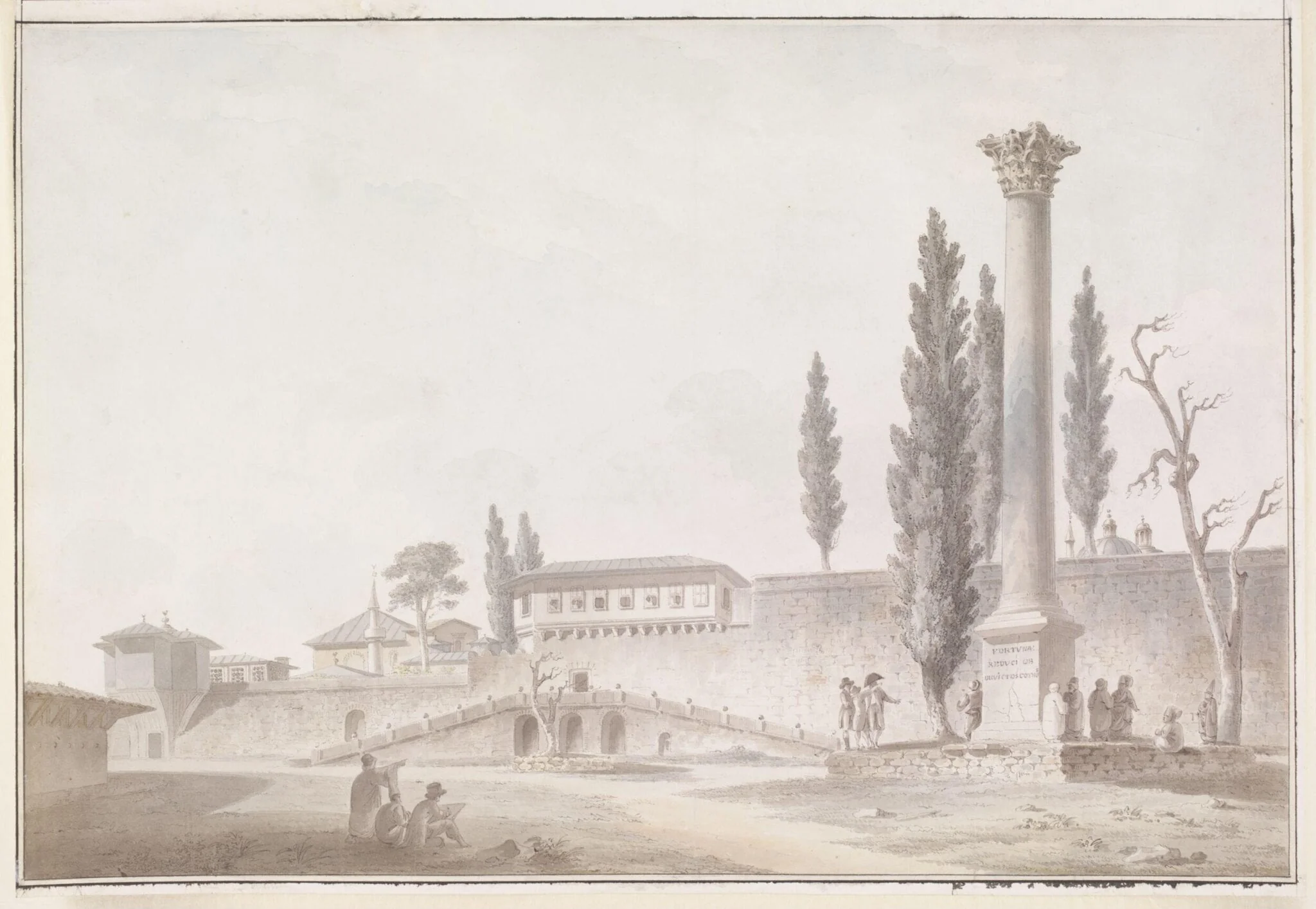 The Gardens of the Seraglio with European visitors inspecting the Column of the Goths, Constantinople, detail