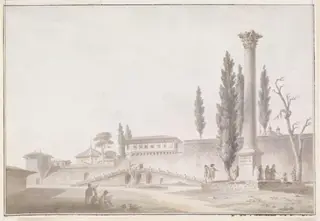 The Gardens of the Seraglio with European visitors inspecting the Column of the Goths, Constantinople, by Michel-François Préaulx, watercolor, 1810