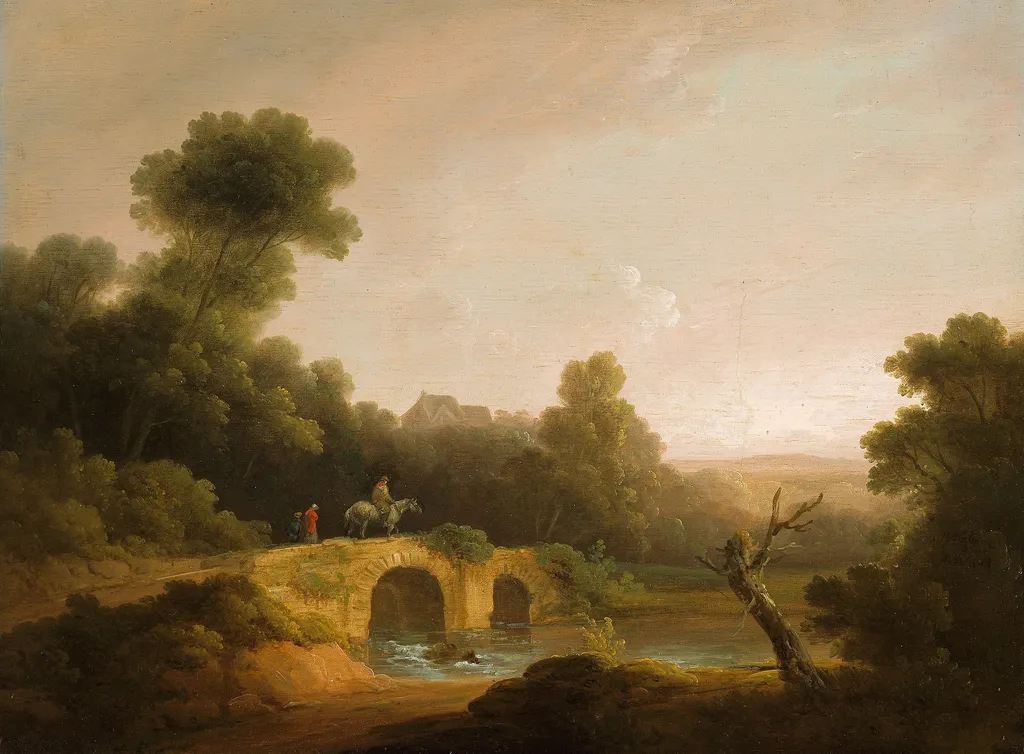 Landscape with Figures Crossing a Bridge, by George Morland, unspecified, 1796