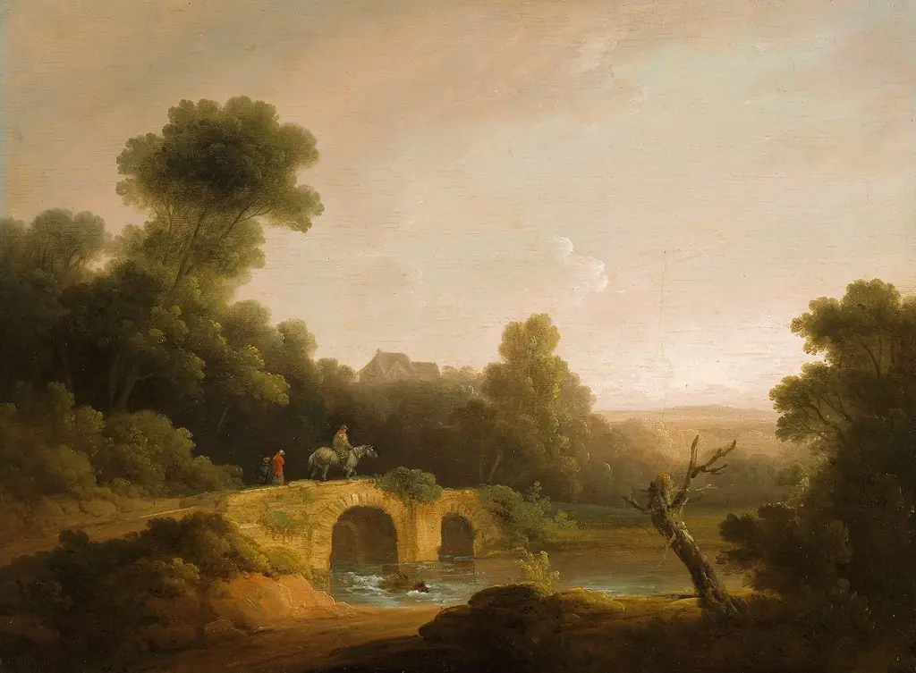 Landscape with Figures Crossing a Bridge, by George Morland, unspecified, 1796