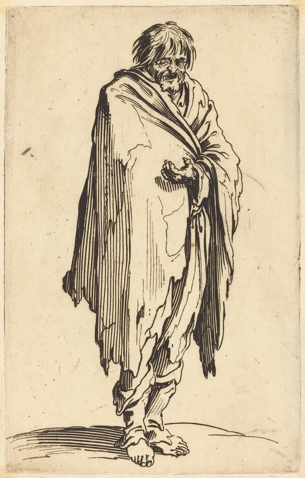 Beggar with Bare Head and Feet, by Jacques Callot, ink, 1622