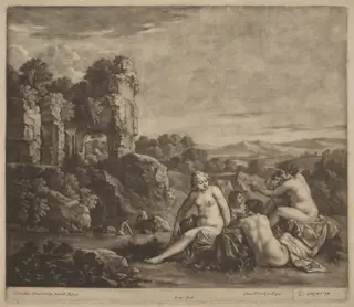 Bathers in a Landscape, by Bernard Lens, ink, 1692
