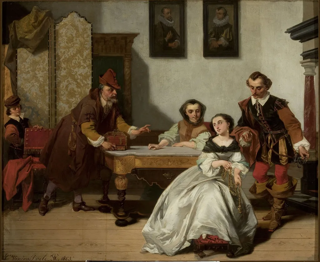 Sale of jewels, by Casimir Van den Daele, oil, 1863