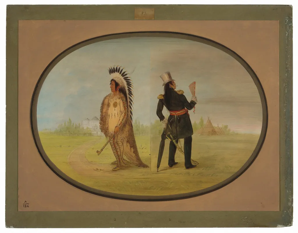 Assinneboine Chief before and after Civilization, by George Catlin, oil, 1865