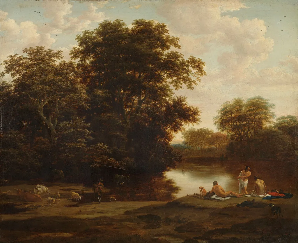 Landscape with bathers, by Nicolaes Pieterszoon Berchem, oil, 1635
