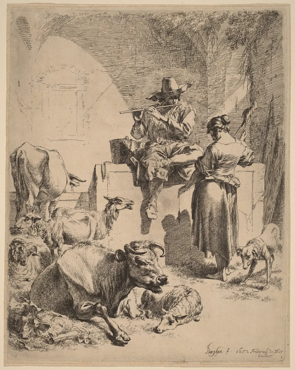 The Shepherd Seated on a Fountain and the Spinner, by Nicolaes Pieterszoon Berchem, ink, 1652